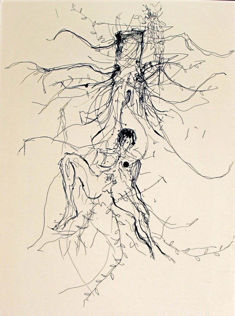 Jacopo Pannocchia.Figura con tronco d'albero, 2015, inchiostro su carta, cm 50x35.Courtesy of the artist