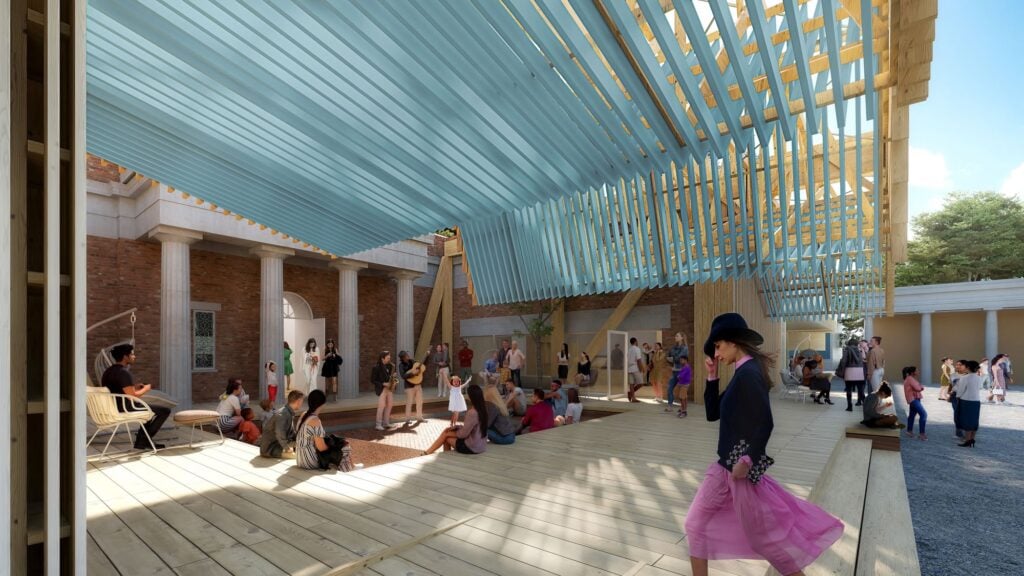 "PORCH" Exterior: New porch, canopy, seating, and activities in the courtyard of the U.S. Pavilion lookingsoutheast towards the Nordic and Danish Pavilions. Rendering by Luxigon. Courtesy the Co-Commissioners of the U.S. Pavilion