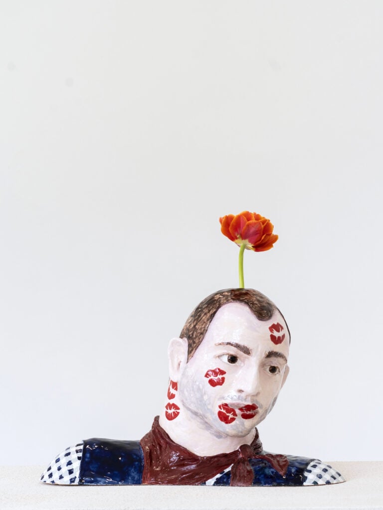 Stefania Carlotti Summer Kisses, Winter Tears n. 2 2025 glazed ceramic, flowers 29 x 46 x 20 cm / 11.4 x 18 x 7.8 in