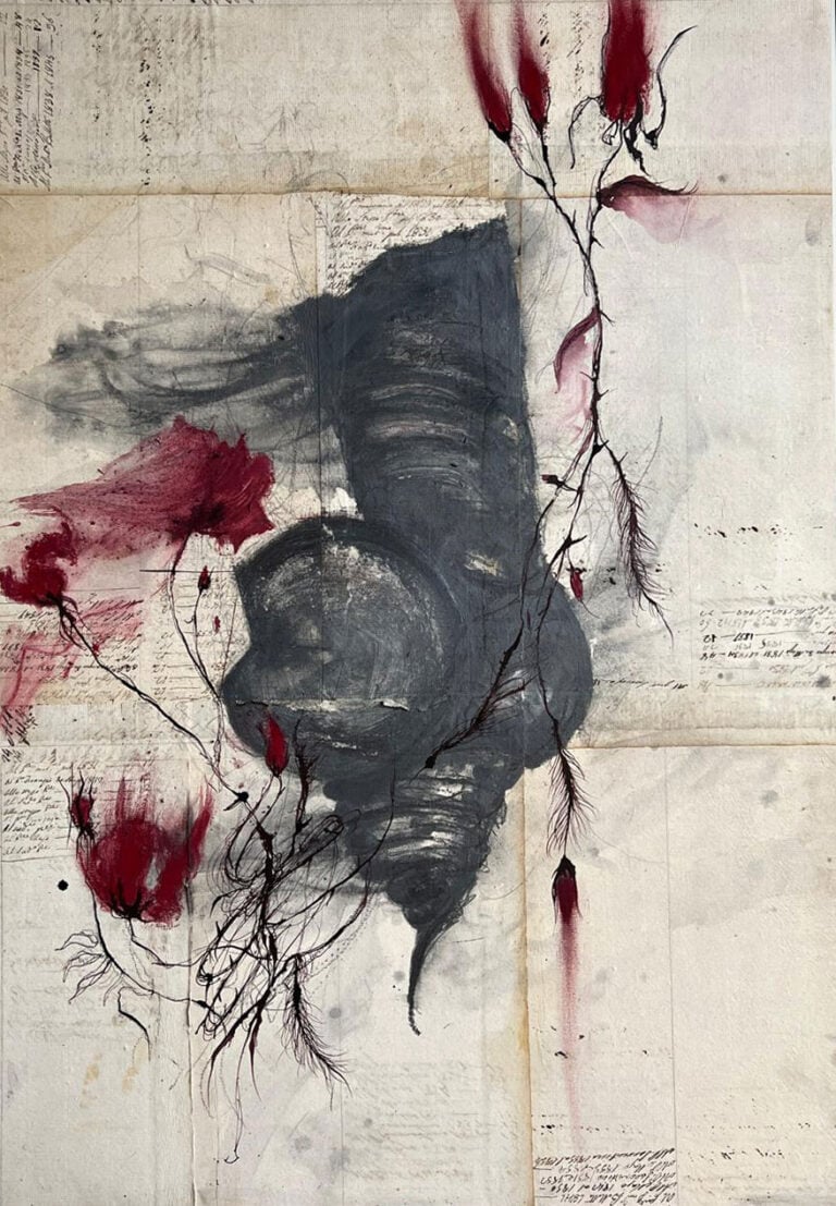 Jacopo Pannocchia. Senza titolo,92x62cm, argilla,grafite, ossidi minerali, inchiostro e pigmenti su carta del1800, 2025.Courtesy of the artist