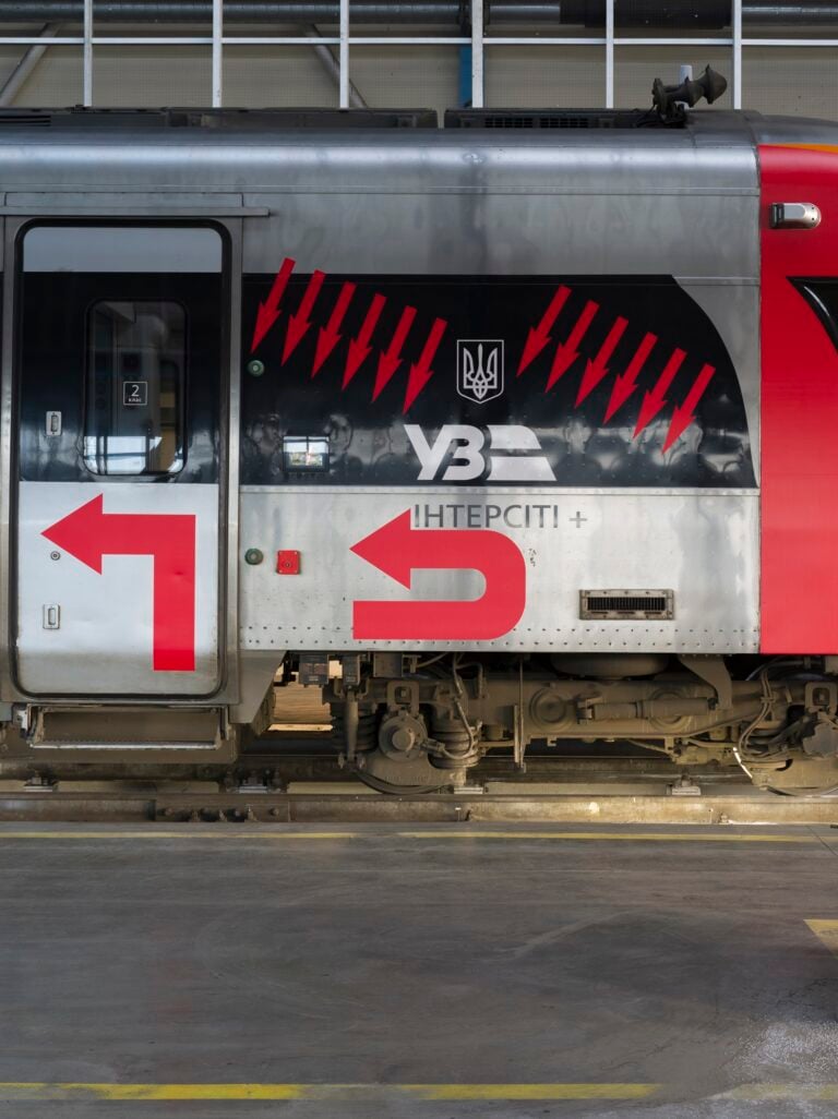 Barbara Kruger, Untitled (Another Again) 2025, Ukrainian Railways Intercity Train, Ukraine (detail). Courtesy of the artist, RIBBON International, Ukrainian Railways, and Sprüth Magers. Ph. Vitalii Halanzha