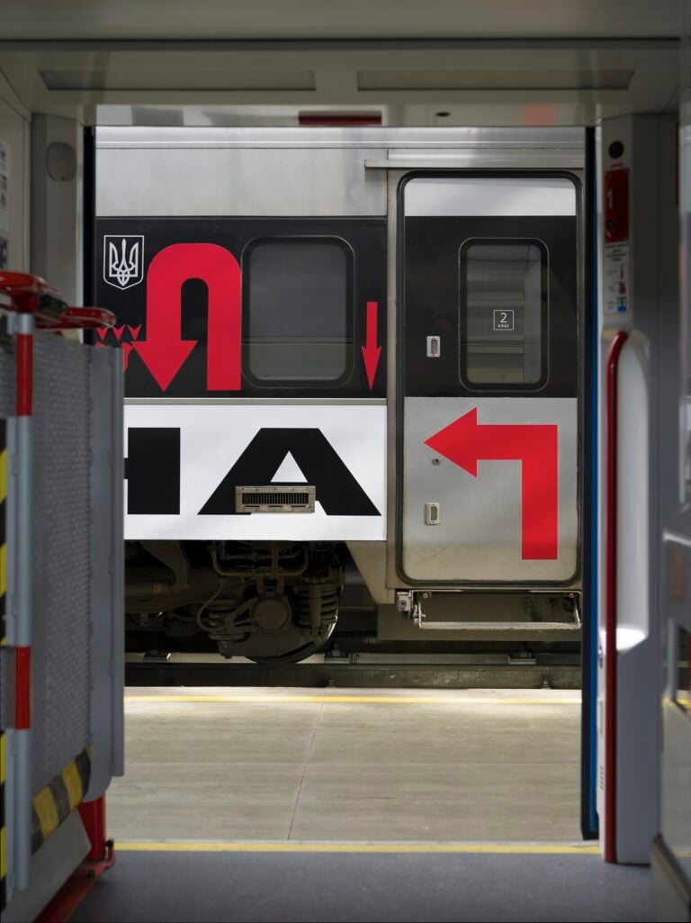 Barbara Kruger, Untitled (Another Again) 2025, Ukrainian Railways Intercity Train, Ukraine (detail). Courtesy of the artist, RIBBON International, Ukrainian Railways, and Sprüth Magers. Ph. Vitalii Halanzha