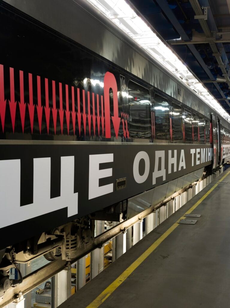 Barbara Kruger, Untitled (Another Again) 2025, Ukrainian Railways Intercity Train, Ukraine (detail). Courtesy of the artist, RIBBON International, Ukrainian Railways, and Sprüth Magers. Ph. Vitalii Halanzha
