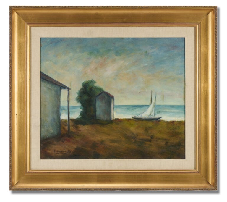 Carlo Carrà, Capanni e vela sulla riva, 1955. Courtesy Il Ponte Casa d'Aste