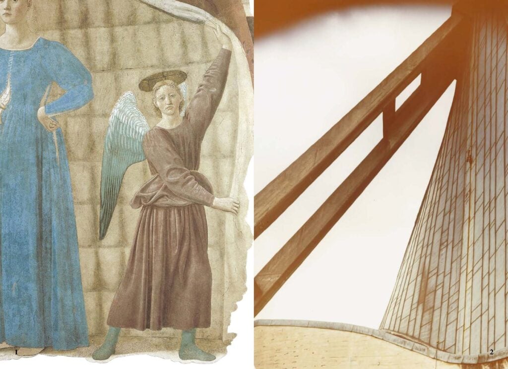 Dal libro Spazio, corpi, figure di Peluffo&Partners. Piero della Francesca, Madonna del Parto, particolare, 1455-65, Monterchi (Arezzo) // Giovanni Michelucci, chiesa di San Giovanni Battista (“Chiesa dell’autostrada”), 1960-64, Firenze