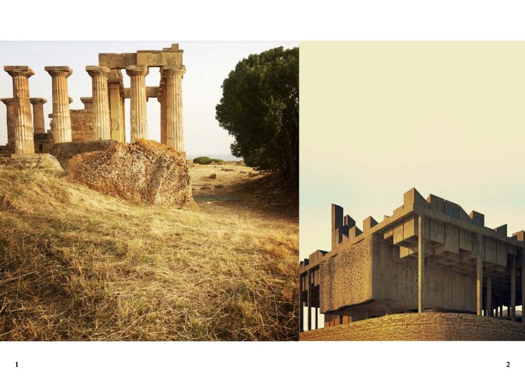 Dal libro Spazio, corpi, figure di Peluffo&Partners. Tempio E (di Era o Afrodite), V sec. a.C., Parco Archeologico di Selinunte (Trapani) // Moschea a Sokhna, 2019, Monte Galala, Egitto