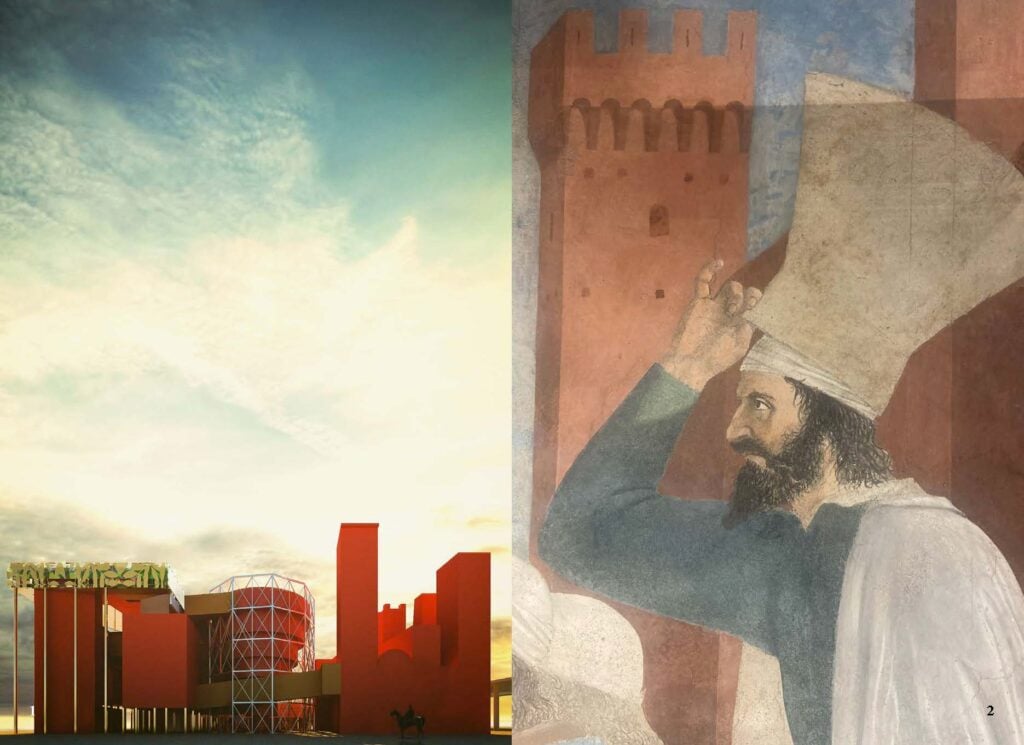 Dal libro Spazio, corpi, figure di Peluffo&Partners. Progetto per il Padiglione Italia, Expo Dubai 2020 // Piero della Francesca, Sogno di Costantino, dalle Storie della Vera Croce, basilica di San Francesco, 1458-66, Cappella Maggiore, Arezzo