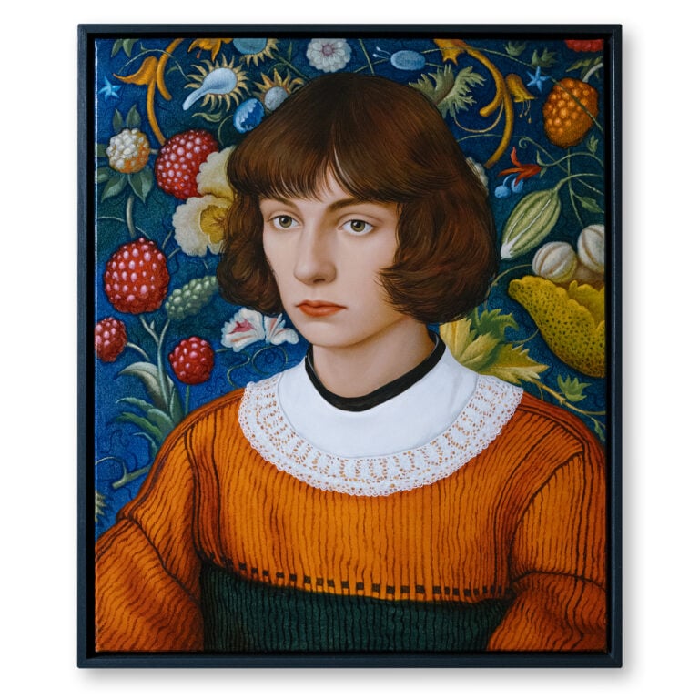 Elen Bezhen, Portrait on a blue background, 2025, olio su tela, 55x46cm