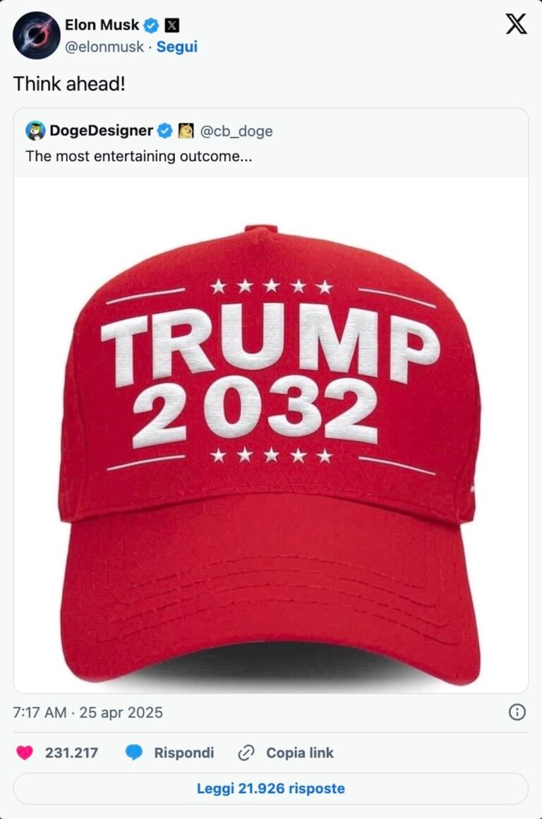 il post di Elon Musk su X con il baseball cap 2032