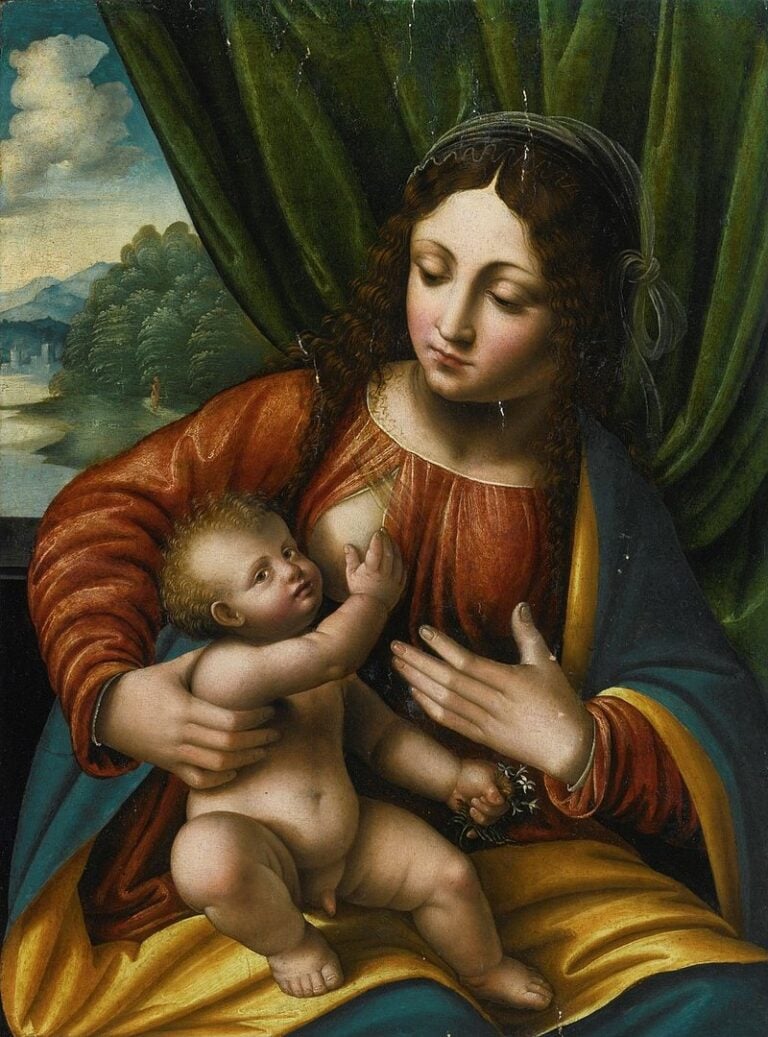 Cesare magni, Madonna con Bambino, tenda verde e paesaggio
