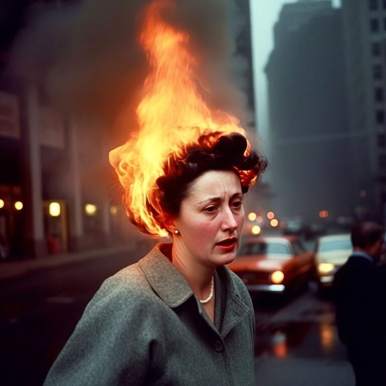 Phillip Toledano, Head on Fire NY 1950, 2024, Midjourney, (IA) Canson Fine Art Print Platine Fibre Rag ultra smooth glossy 310gsm pure white Dibond 3mm