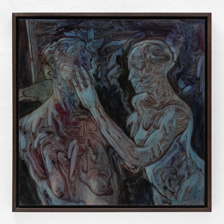 Simone Stuto, Écrire, 2023, olio su tela, 50x50 cm