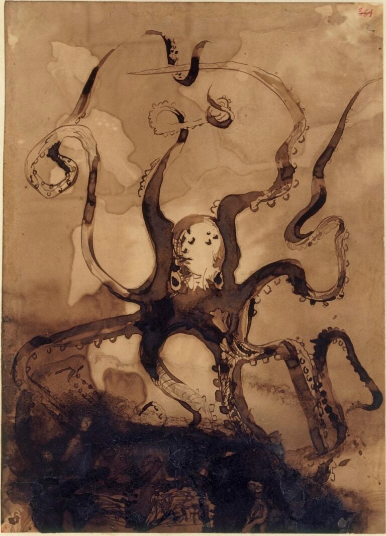 Victor Hugo, Octopus, 1866–69. Brown ink and wash and graphite on paper, 24 x 20.7 cm. Bibliothèque nationale de France, Département des Manuscrits