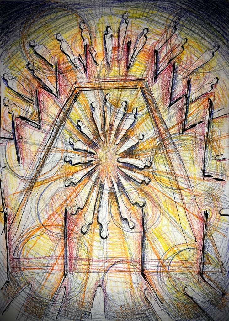 Marcos Lutyens, A Solstice Aquelarre, 2025. Inchiostro e matita colorata su carta da acquerello, 29 cm x 40.5 cm