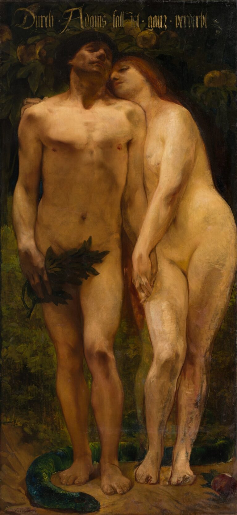 Jules van Biesbroeck, Adamo ed Eva, ultimo decennio secolo XIX, olio su tela incollata su faesite, 207,3 x 95,6 cm, Collezione BPER Banca, Ferrara