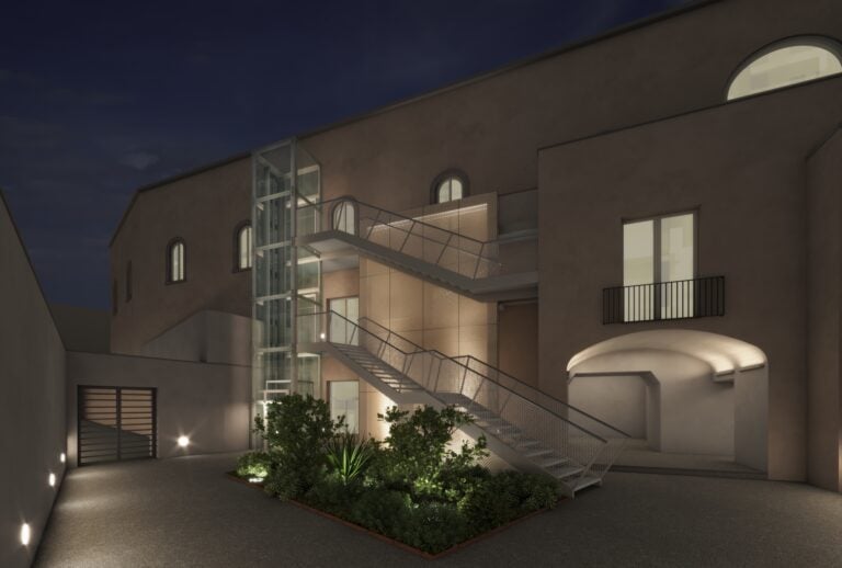 Napoli, Spazio Obò. Vista notturna del corpo scala esterno. Render courtesy GNOSIS Progetti