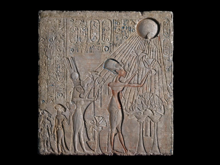 Relief of Akhenaten, Nefertiti and Two Princesses Worshipping the Aten
Dynasty 18
Limestone, pigment
H. 52 cm, W. 48 cm, L. 8 cm
Egyptian Museum, Cairo
Photo credit: © Fotografie di Massimo Listri