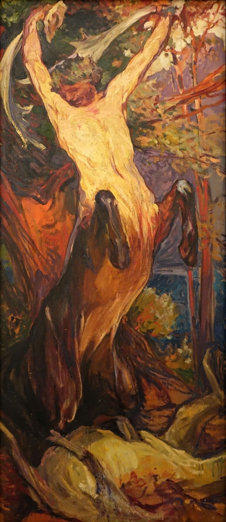 Jules van Biesbroeck, Centauro che uccide un cervo, 1918 circa, olio su faesite, 118 x 52 cm, Collezione BPER Banca, Ferrara