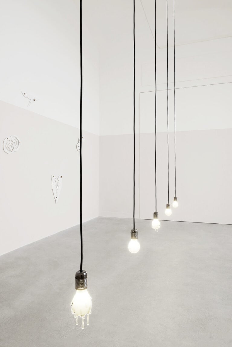 Francisca Valador, Néctar, 2025, vetro, portalampada, filo elettrico_glass, lamp socket, electric wire, dimensioni variabili_variable dimensions. Courtesy the artist and Matèria, Roma. Photo by Roberto Apa