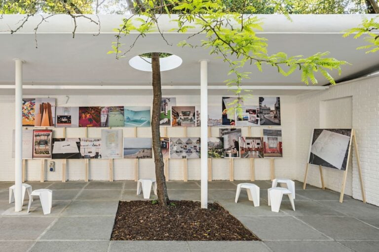 Agency For Better Living, Austrian Pavilion - Biennale Architettura 2025- Armin Linke - Position Papers, Places of Planning, and Self-Organization. Installation view courtyard. Photo © Hertha Hurnaus