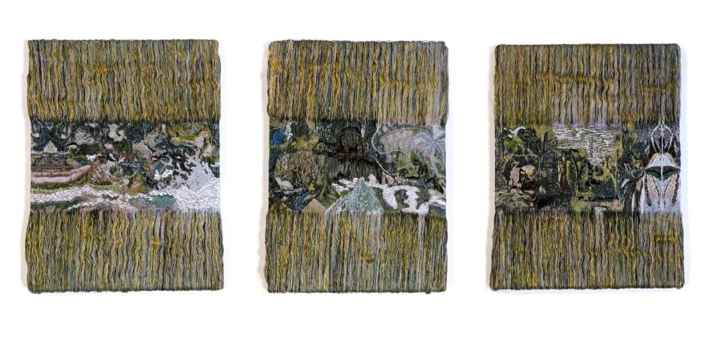Coco Brun, Metamorphic Landscapes 1, 2, e 3 Olio su tessuto, ricamo su tessuto, 45 × 30 cm, 45 × 28 cm, 45 × 30 cm, 2025