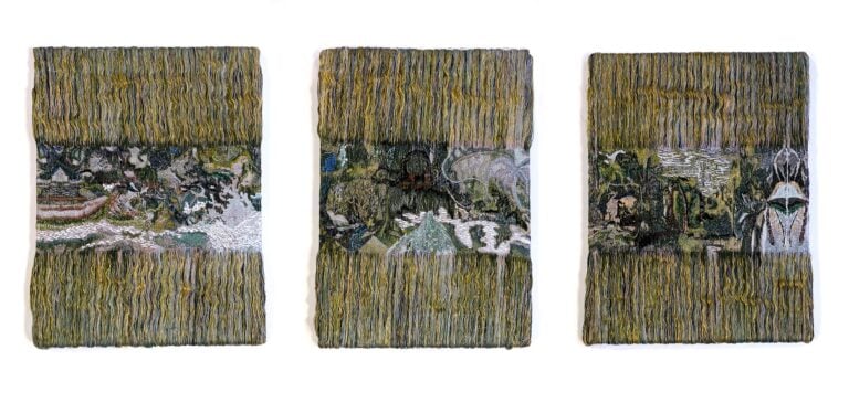Coco Brun, Metamorphic Landscapes 1, 2, e 3 Olio su tessuto, ricamo su tessuto, 45 × 30 cm, 45 × 28 cm, 45 × 30 cm, 2025