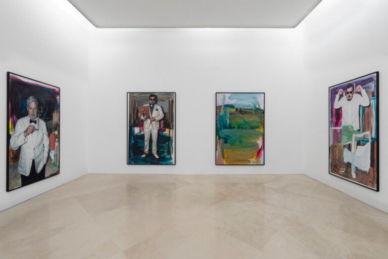 Installation View, Spettri Digitali, Museo Madre Napoli, Ph Amedeo Benestante, Premio Fondazione Thorel, Alterazioni Video, da sinistra a destra, dalla serie Dead writers smell like forgotten piss, 2025, I am David Lynch’s haircut; Jesus kills; We are both donkeys;I pee in elevators