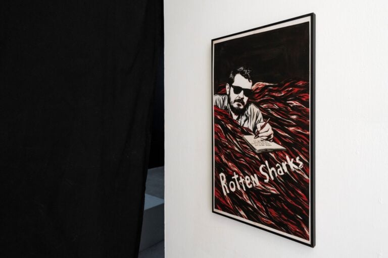 Installation View, Spettri Digitali, Museo Madre Napoli, Ph Amedeo Benestante, Premio Fondazione Thorel, Alterazioni Video, Rotten Sharks, 2025 (locandina I poster)