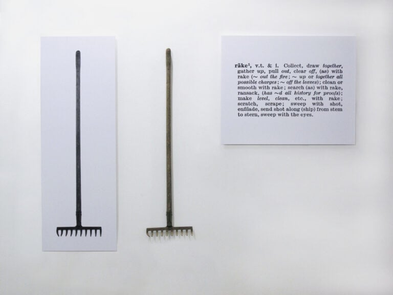 Joseph Kosuth, One and three Rakes, 1965 Rake, photograph, definition rake 105x26 cm, photograph 121x42 cm, definition 61x76cm photo credit Michele Guido curtesy Galleria Lia Rumma
