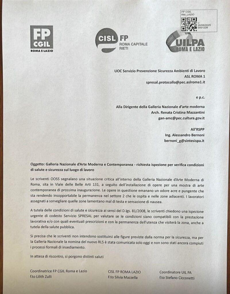 lettera sindacati gnamc Alla Galleria Nazionale di Roma un artista è stato costretto a rimuovere un’opera a causa del suo cattivo odore “insopportabile" per i custodi