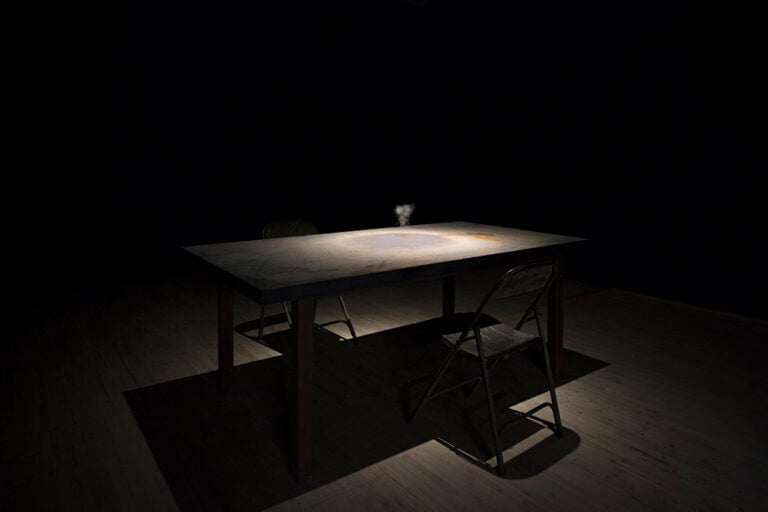 Sun Yuan & Peng Yu - No Way 2015 Table and chair made by steel electrical heating equipment water, 174.5 x 190 x 100 cm. Photo- Dong Lin