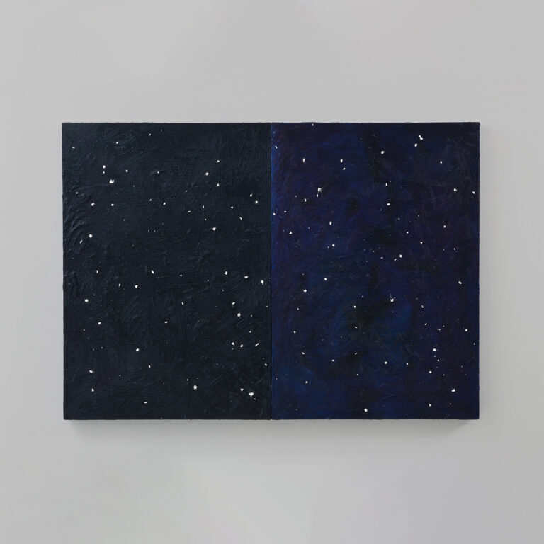Davide Mancini Zanchi, Cielus Notturnus Romanticus, 2021, Olio e carta insalivata su tela, 100 x 140 cm, Courtesy l_artista