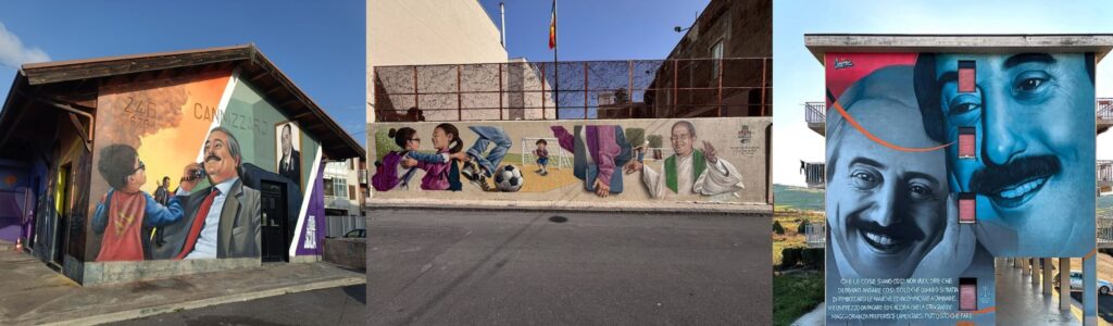 i due murales di antonio barbagallo ad aci castello e quello di loste a maletto Murales e antimafia. Quando la Street Art vive di cliché: eroi, santi e icone pop