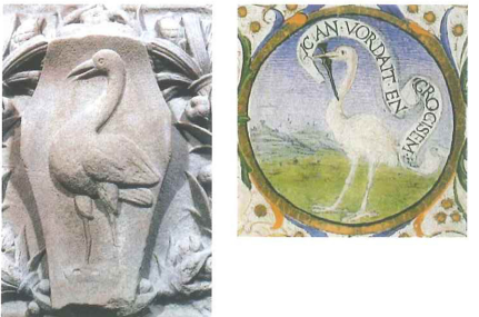 Antonio del Pollaiolo, lo Struzzo nella Fronte della Cappella a Rusciano. A destra. La ripetizione in miniatura nel Codice Urbinate Latino 491 BAV