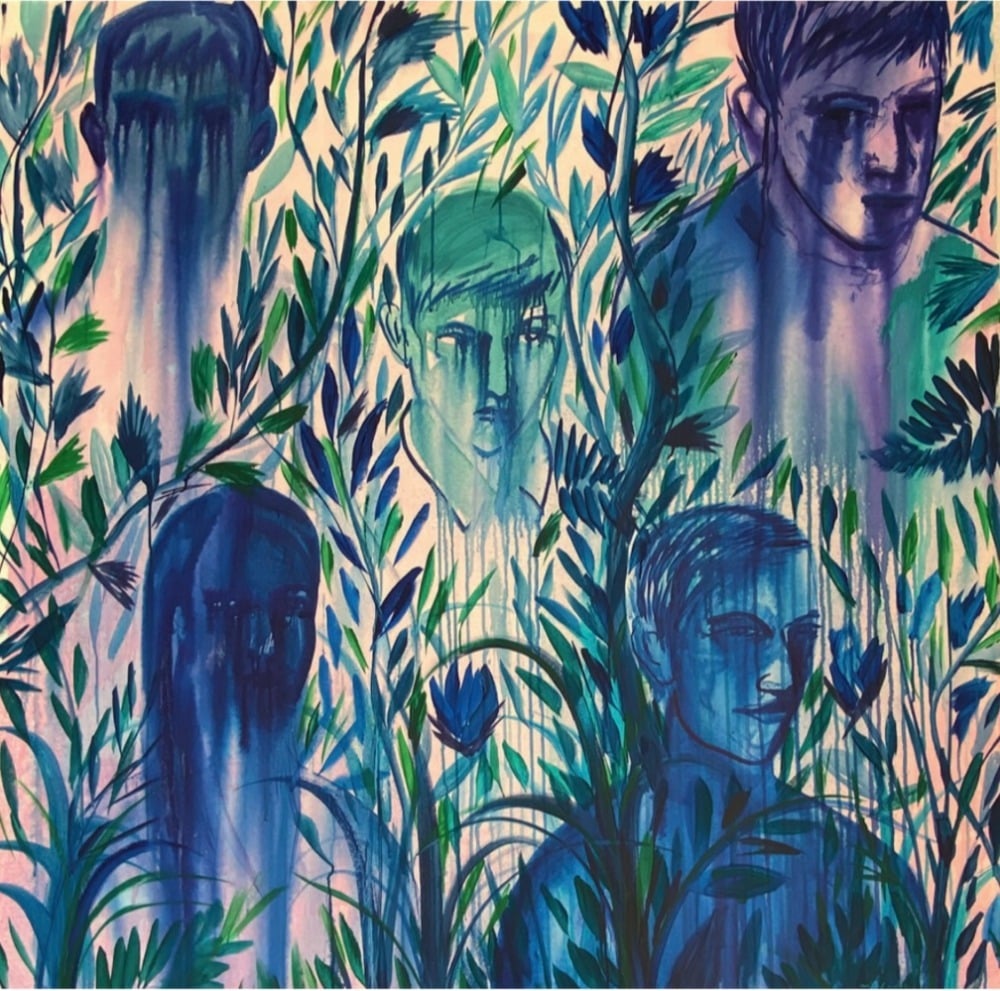 Omar Mahfoudi, Les cinq garҫons (2023), acrilico su tela, 150x150 cm