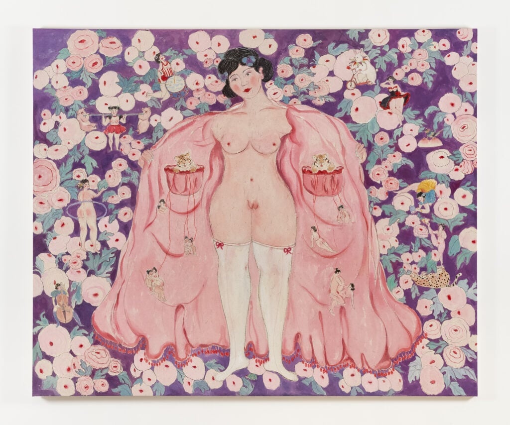 Shafei Xia, She has no secrets, 2024, acquarello su carta di sandalo intelata-watercolor on sandal paper mounted on canvas, cm.198,5x238. Courtesy l’artista & P420, Bologna. Photo Carlo Favero