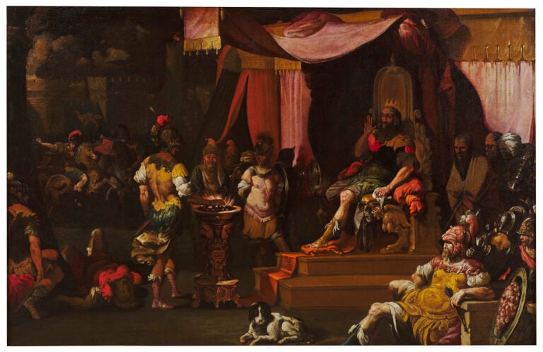 GALLERIA CANESSO, Luigi Miradori detto GENOVESINO (Genova, 1605 – Cremona, 1656), Muzio Scevola davanti a Porsenna, Olio su tela, cm 134 x 207