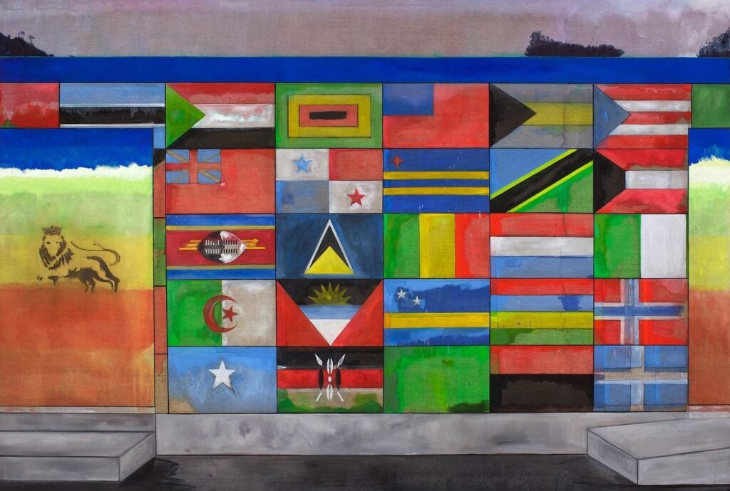 Peter Doig, Painting for Wall Painters (Prosperity P.o.S.), 2010–2012, distemper on linen, 240 x 360 cm. © Peter Doig. All Rights ReservePeter Doig, Painting for Wall Painters (Prosperity P.o.S.), 2010–2012, distemper on linen, 240 x 360 cm. © Peter Doig. All Rights Reserve