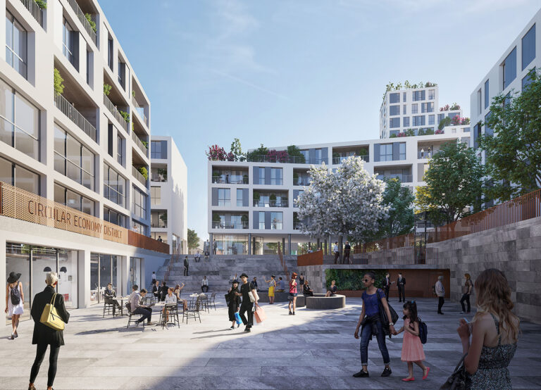 L’Innesto Scalo Greco Breda, Milano, 2018-in corso, la piazza ribassata del Circular Eco nomy District con gli edifici residenziali sullo sfondo. Crediti render Barreca & La Varra, Wolf
