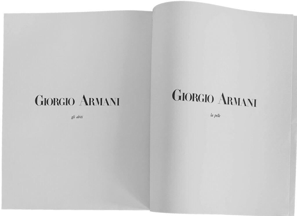 Due delle sei pagine bianche dedicate a Giorgio Armani uscite su L’Uomo Vogue e ricordate da Lucchini nel suo racconto. Courtesy Flavio Lucchini