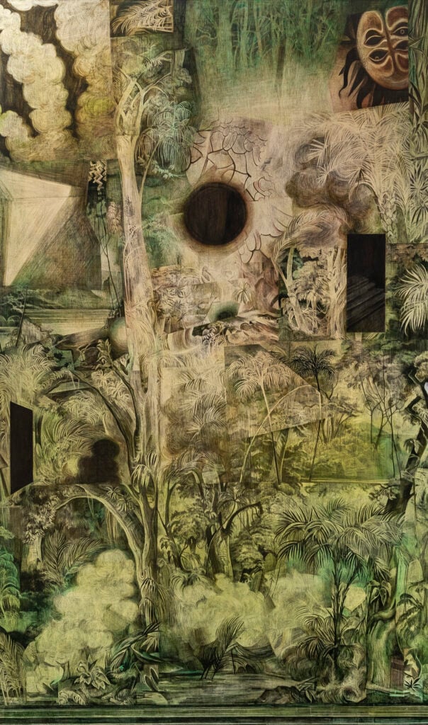 Matias Ercole, “Y ahora que me falta el sol II”, Inchiostro e cera su carta su tela 300 X 180 CM, 2025