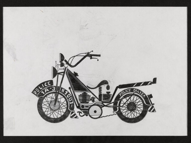 Pino Pascali, Motociclista (killers), 1964, matita e china su carta. Donazione Sandro Lodolo. Collezione Fondazione Pino Pascali. Crediti fotografici: Marino Colucci, 2025