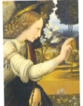 Nell'Annunciazione Gabriele con il quarto dito della mano destra sembra prendere il tronco dell’alloro sullo sfondo