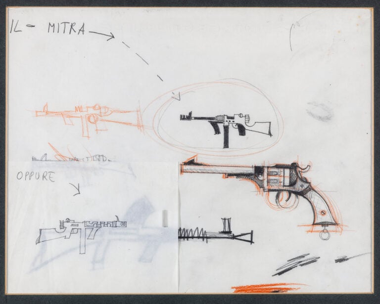 Pino Pascali, Mitra e pistola, 1961, tecnica mista su carta. Donazione Galleria Colossi Arte Contemporanea (BS). Collezione Fondazione Museo Pino Pascali. Crediti fotografici: Marino Colucci, 2025