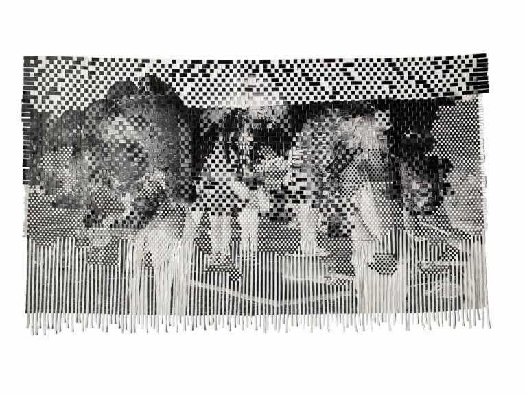 Ayobami Ogungbe, For The Love of God, 2025. Woven photographic print on canvas, 152.4 × 91.4 cm. Courtesy of the artist and AAF