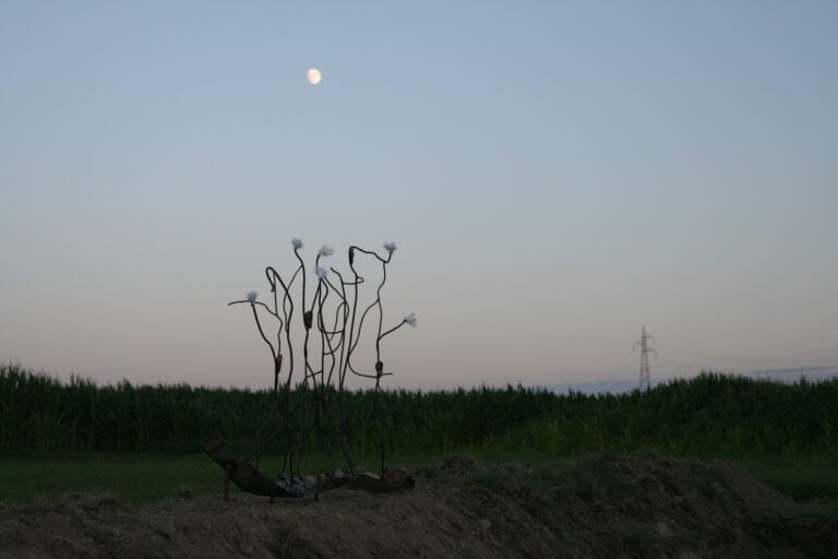 Il corpo è un organo per affondare nell’esterno come pietra, lichene, foglia.* 2025 *da Verso la foce, Gianni Celati Ferro di recupero, ceramica smaltata, corda da reciznione. Dimenzioni ambientali. Opera realizzata in occasione del progetto “Sedimenta”, Delta del Po. Ph. Credits Arianna Pac