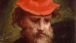 Ritratto di uomo con berretto rosso in dialogo con San Giovanni Battista