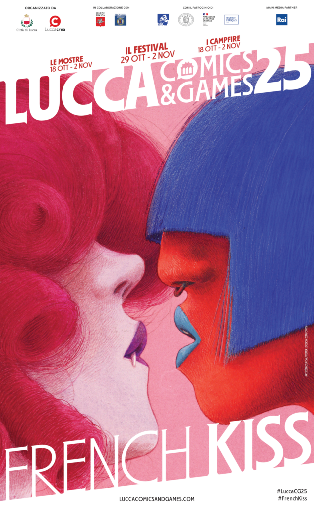 uno dei poster del credit lucca comics games 2025 La nuova edizione del Lucca Comics parla di baci e rivoluzione. Ospiti, programma, mostre
