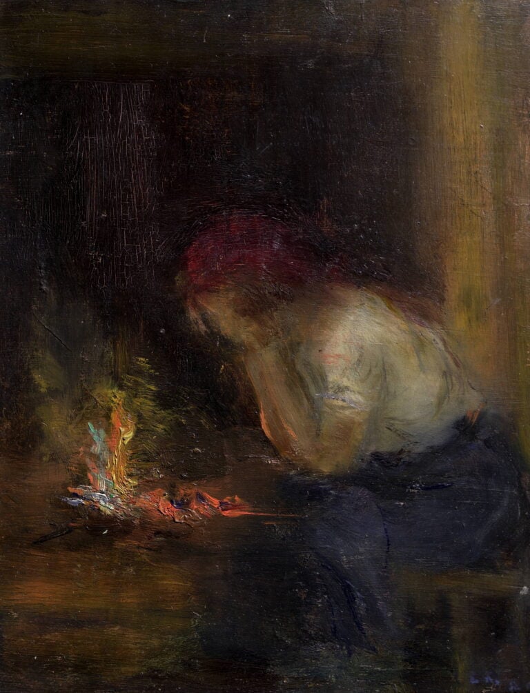 Elisabetta Keller, Accanto al fuoco, 1908, (primo bozzetto di Elisabetta Keller, dato in dono a Pompeo Mariani) © Archivio Elisabetta Keller, Milano-Ph © Giovanni Pitscheider 2025