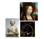 Sopra. Lenardo da Vinci ; Ritratto di Ginevra Benci sia in scultura(1473) sia in pittura(1476). Sotto Antonio del Pollaiolo. Retro del ritratto di Ginevra Benci